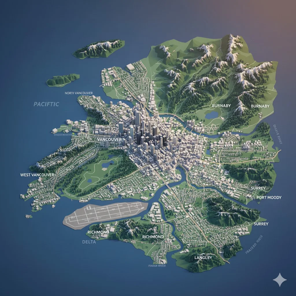 3D perspective map of Metro Vancouver, British Columbia, highlighting service areas including Vancouver, Burnaby, Surrey, and Richmond for professional cleaning services coverage.