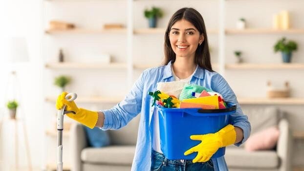 Premium house cleaning specialist in Vancouver with mop and supply bucket in a luxury living room