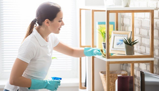High end house cleaning in Vancouver: cleaner dusting a living room shelf