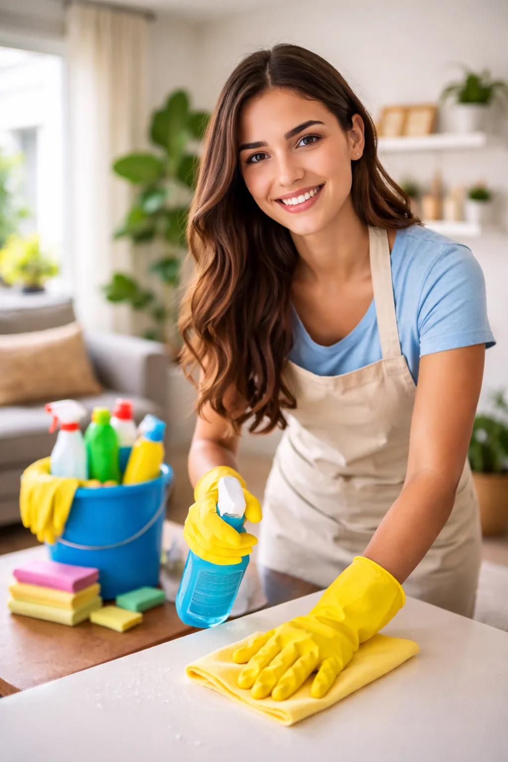 Move-out cleaning in Vancouver: professional cleaner with supplies in an empty, bright home