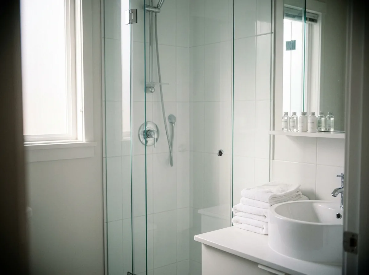 Bathroom in a Vancouver short-term rental prepared for a guest, with fresh folded towels and a clear glass shower screen