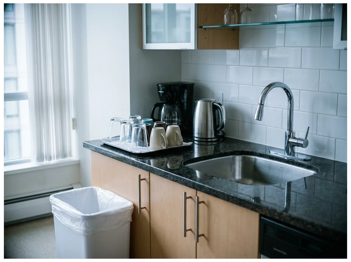 Kitchenette in a Vancouver short-term rental reset between guests, with clear counters and matching glassware