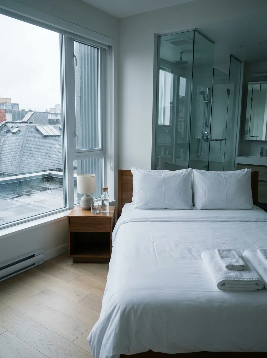 Vancouver short-term rental suite prepared for the next guest, with fresh white linen and folded towels