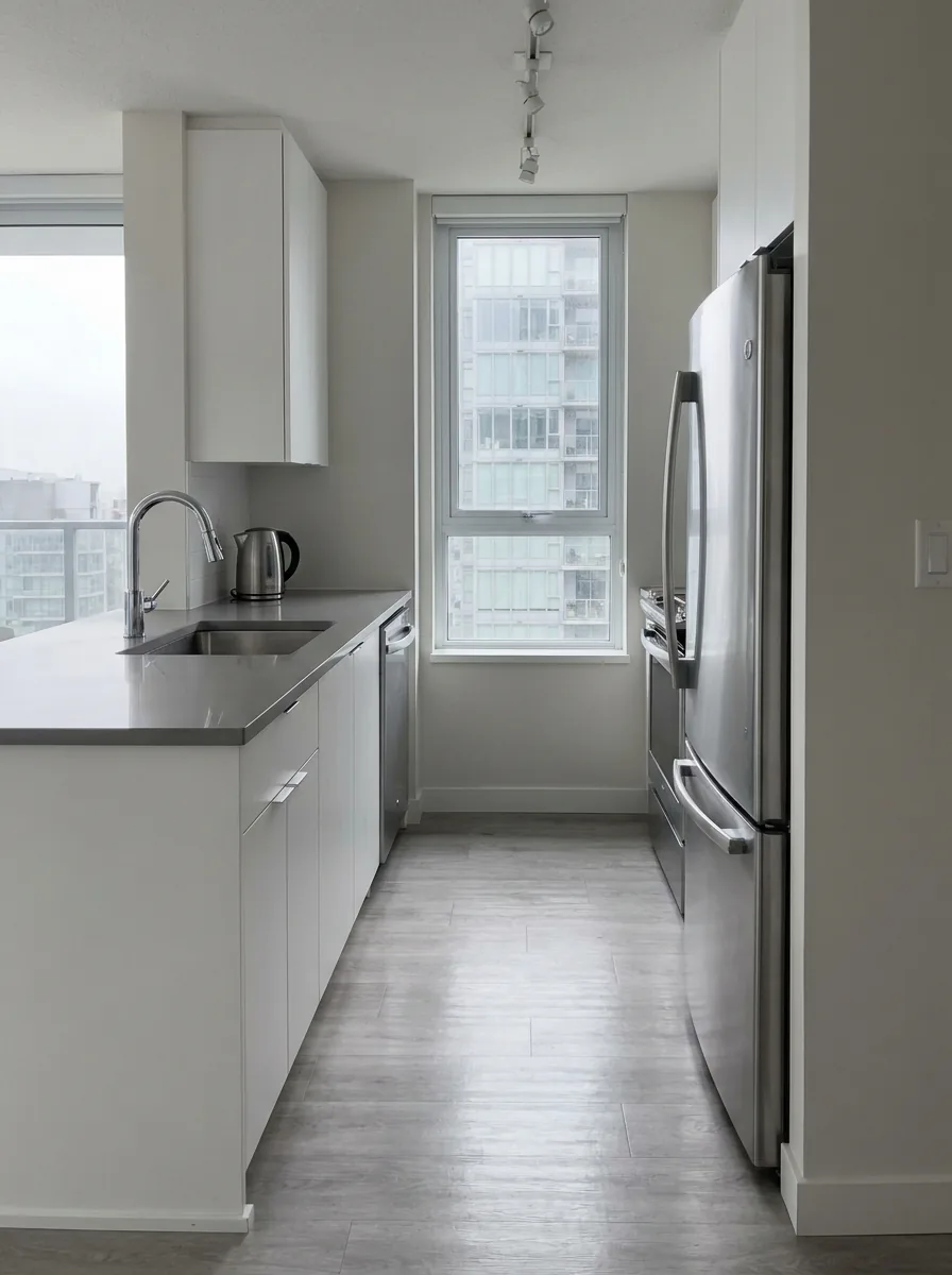 Galley kitchen of a two-bedroom Vancouver condo after a clean, with clear quartz counters and a polished chrome tap