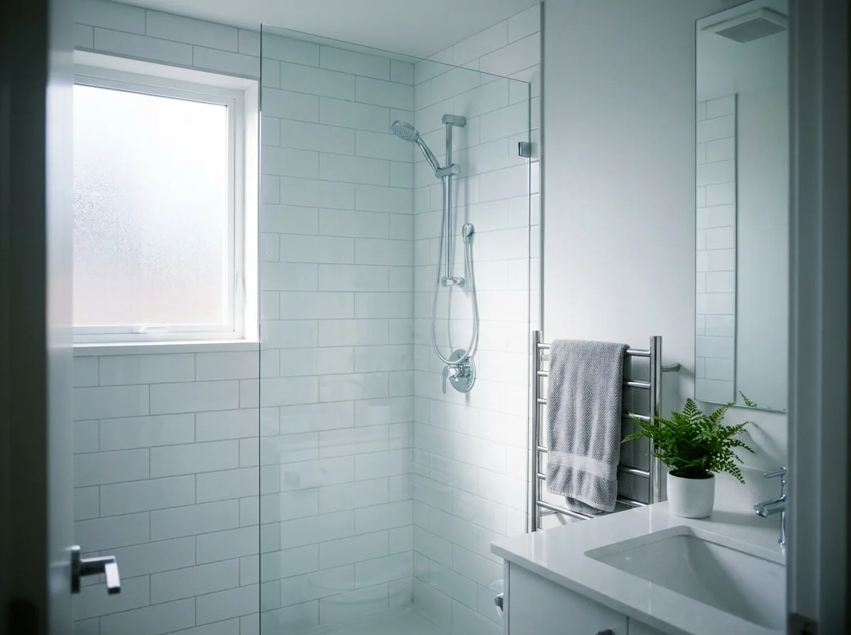 North Vancouver condo bathroom with limescale-free glass screen and white grout