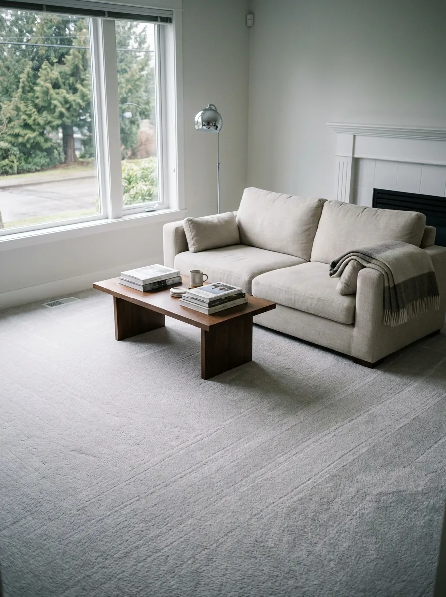 Wall-to-wall carpet in a Vancouver living room after hot-water extraction, with the grooming lines still visible in the pile