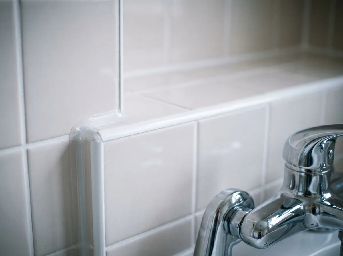 Bathroom tiles after a deep clean, with bright white grout lines and a clean silicone seal in the corner