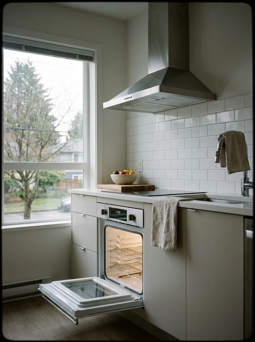 Vancouver kitchen after a deep clean, with the oven open showing clean enamel and racks, and a spotless splashback