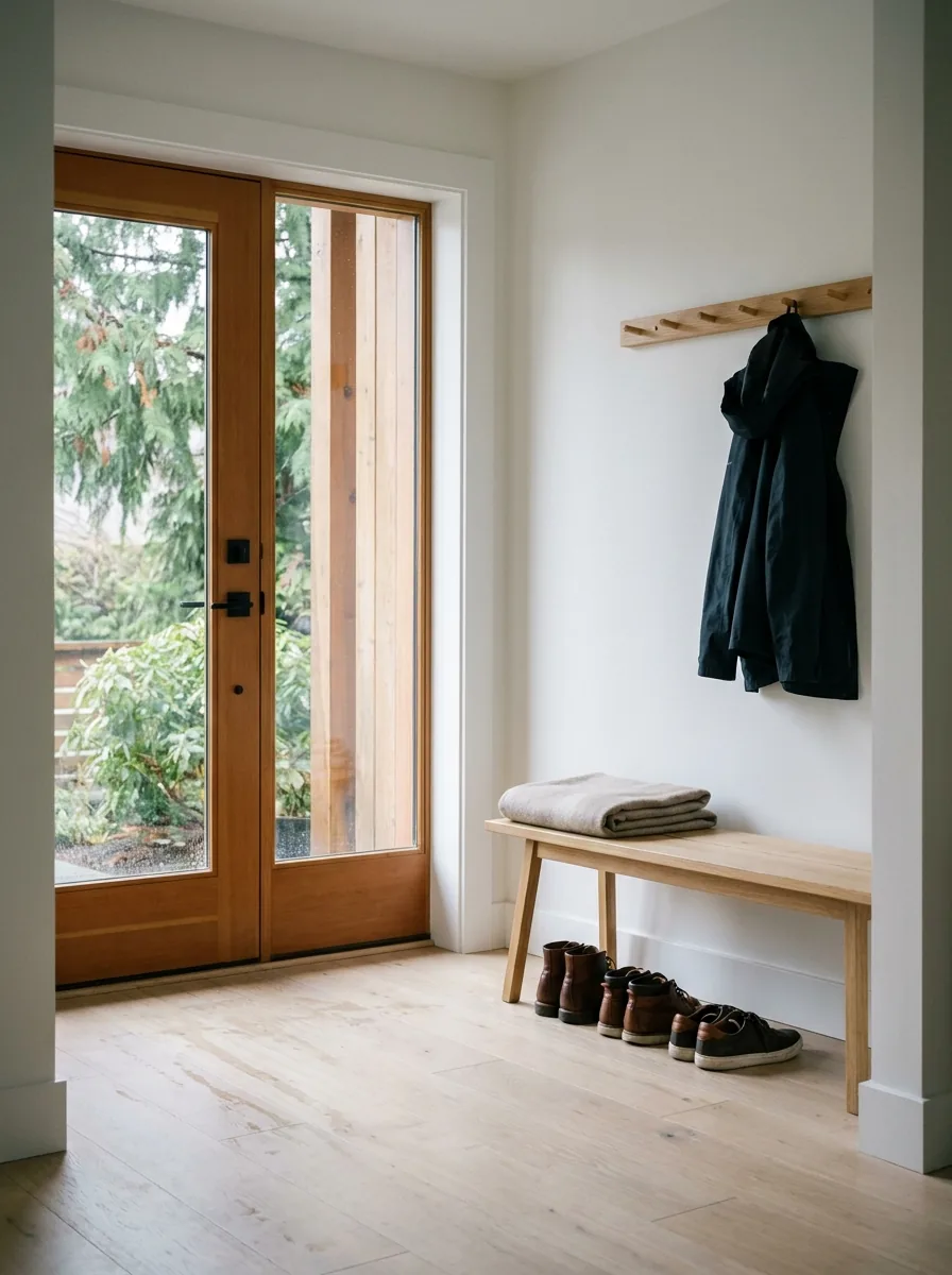 Entrance hall of a North Vancouver home with swept oak floors and a cedar front door, cleaned and ready