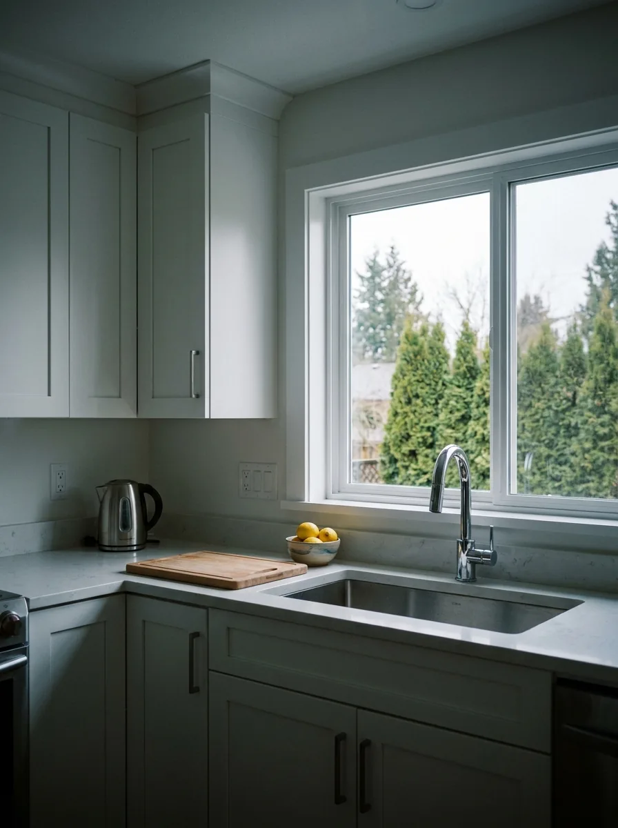 Clean kitchen counters, sink and chrome tap in a North Vancouver house, with cedar trees visible through the window
