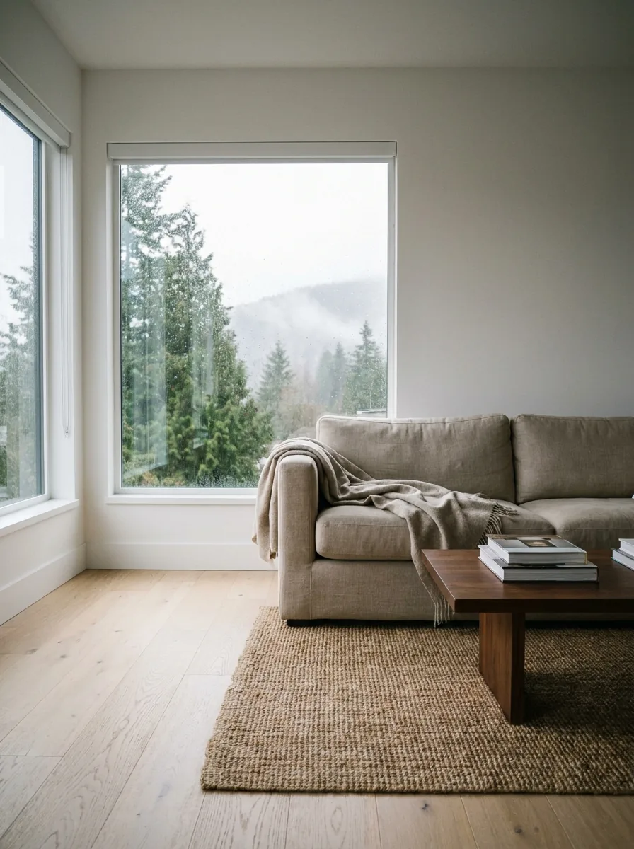 Living room of a North Vancouver home after a professional clean, with the North Shore mountains beyond