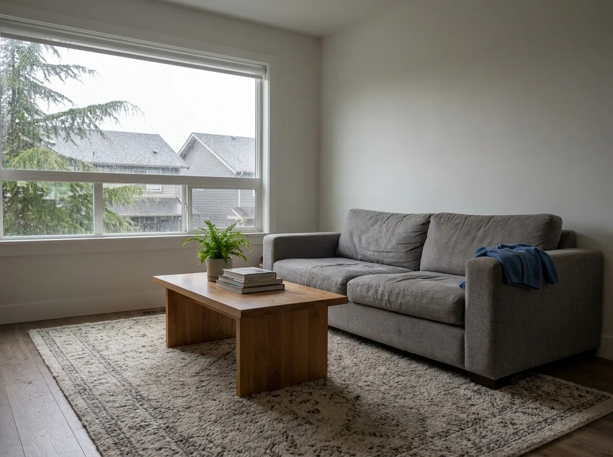 Living room of a three-bedroom Vancouver house after a cleaning visit, with washed oak floors and rain on the window
