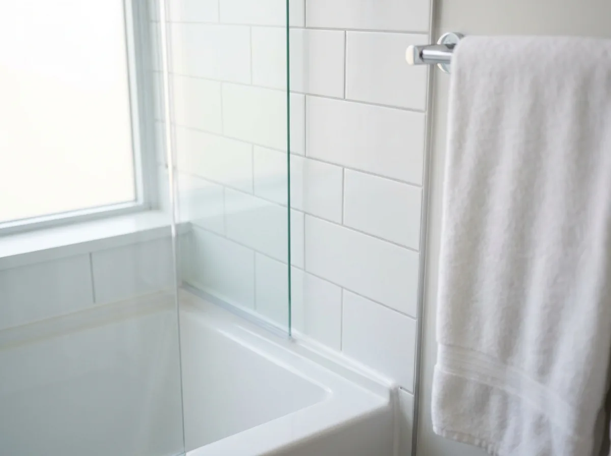 Corner of a cleaned Vancouver bathroom showing a limescale-free glass screen and pale grout lines