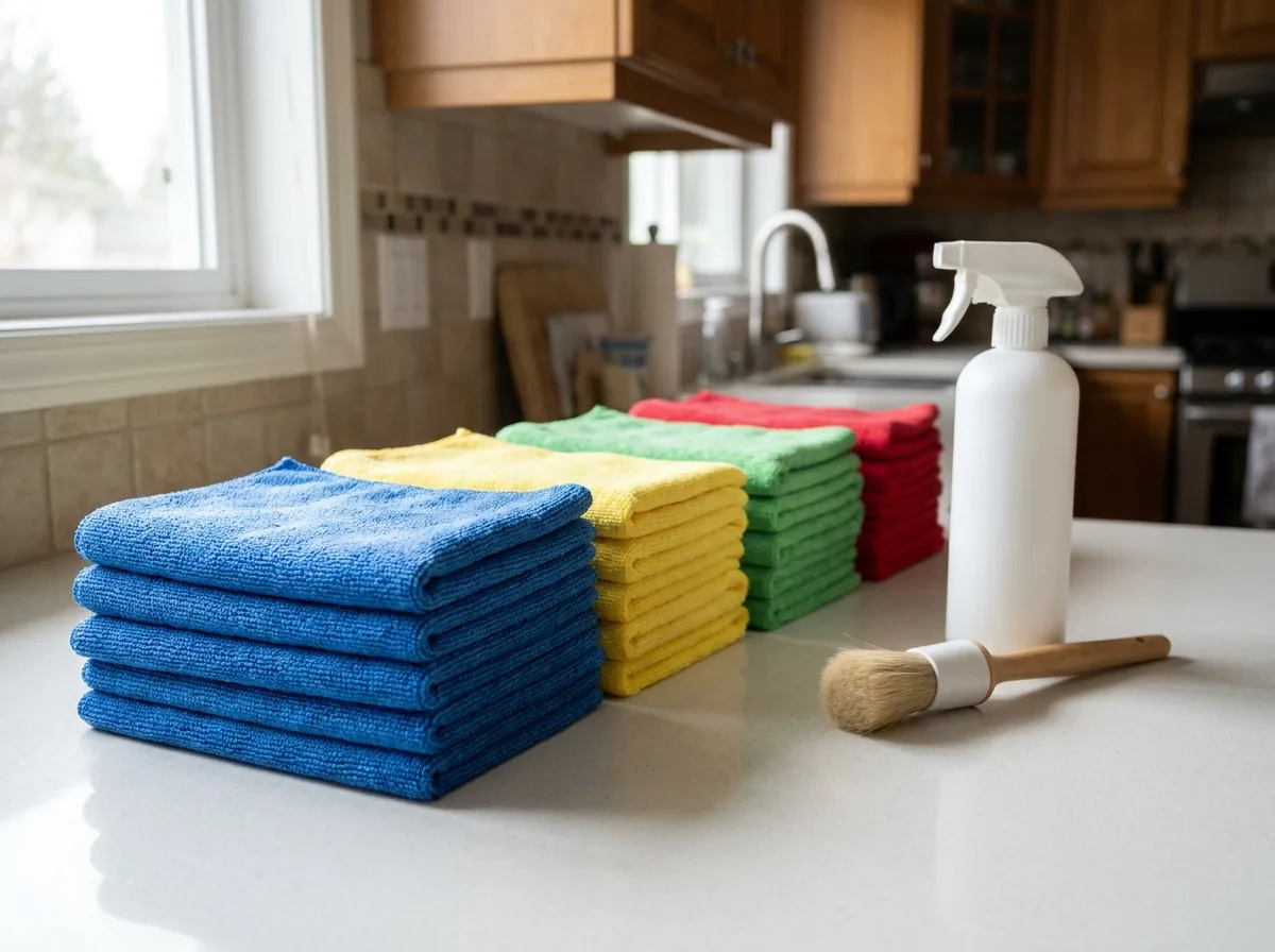 Folded colour-coded microfibre cloths and a spray bottle on the counter of a Vancouver kitchen
