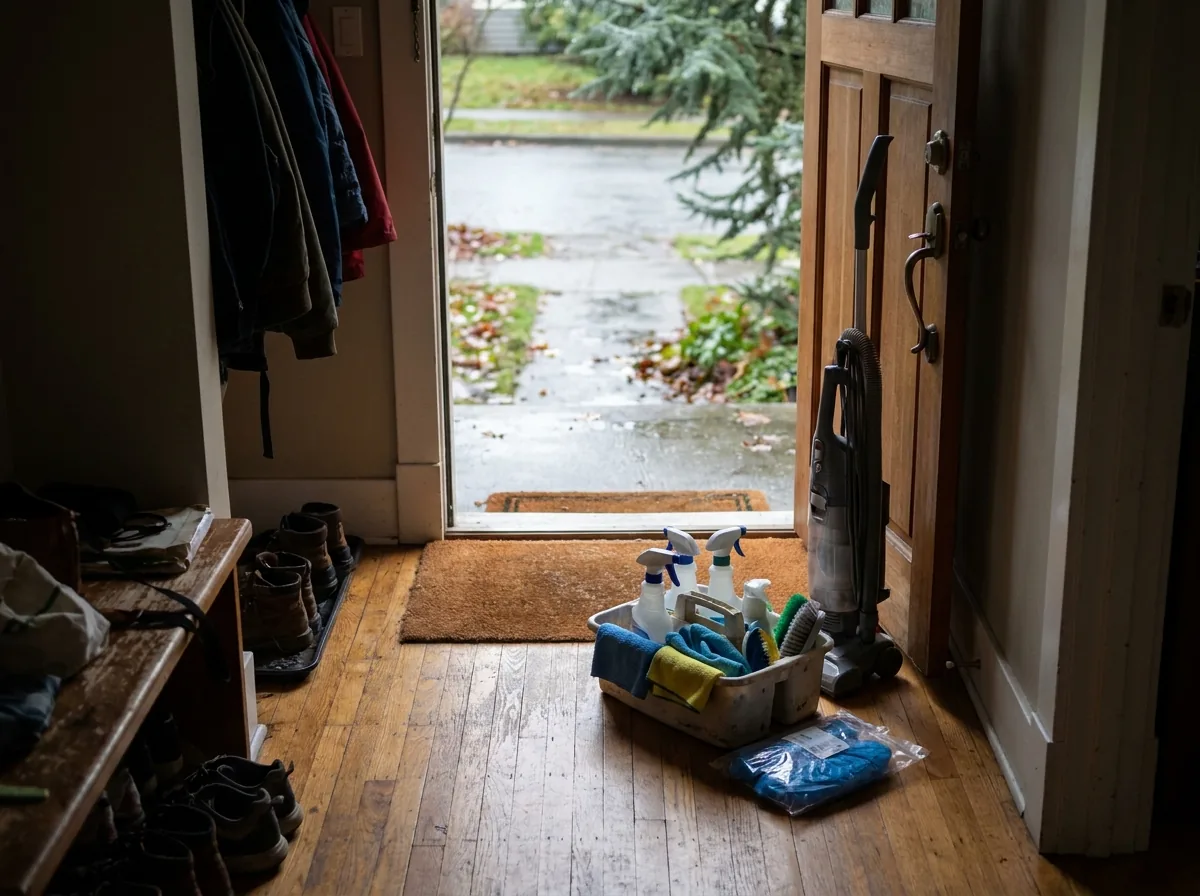 Hallway of a Vancouver house with the front door open on a rainy day and a cleaning caddy and vacuum set down just inside