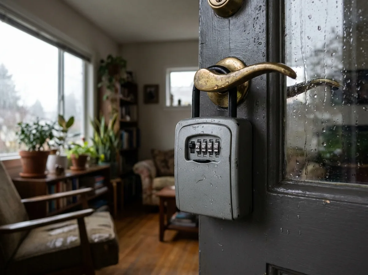 Key lockbox hanging from the handle of a Vancouver front door, with rain beading on the paintwork