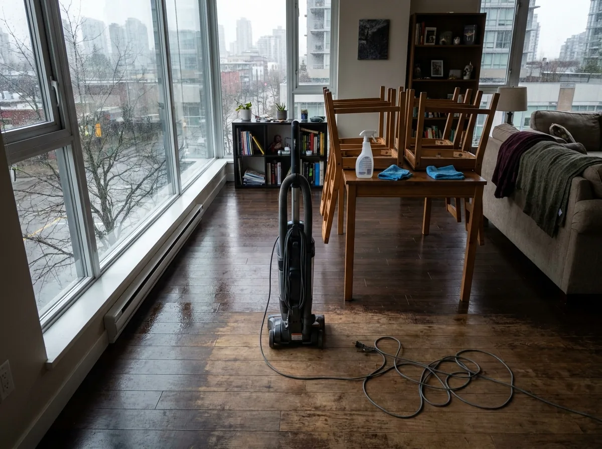 Vancouver condo in the middle of a cleaning visit, with the chairs up on the table and half the floor already washed