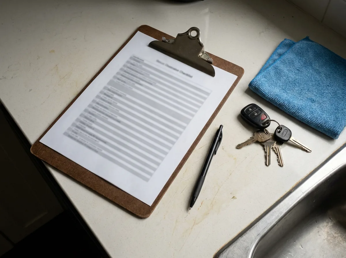 Printed cleaning checklist on a clipboard with a pen, on the kitchen counter of a Vancouver home