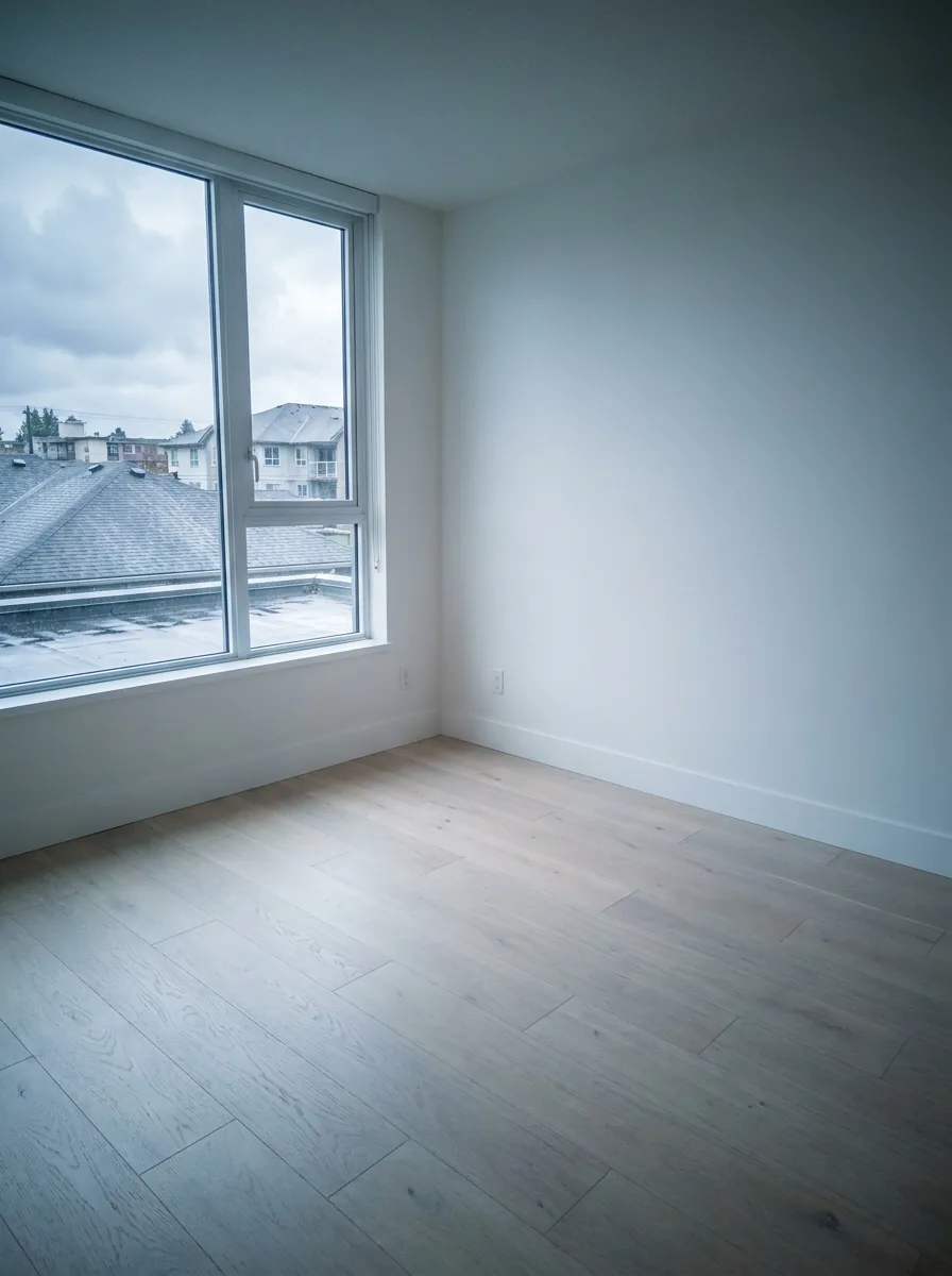 Empty Vancouver apartment living room after a move-out clean, floors washed and ready for the landlord inspection