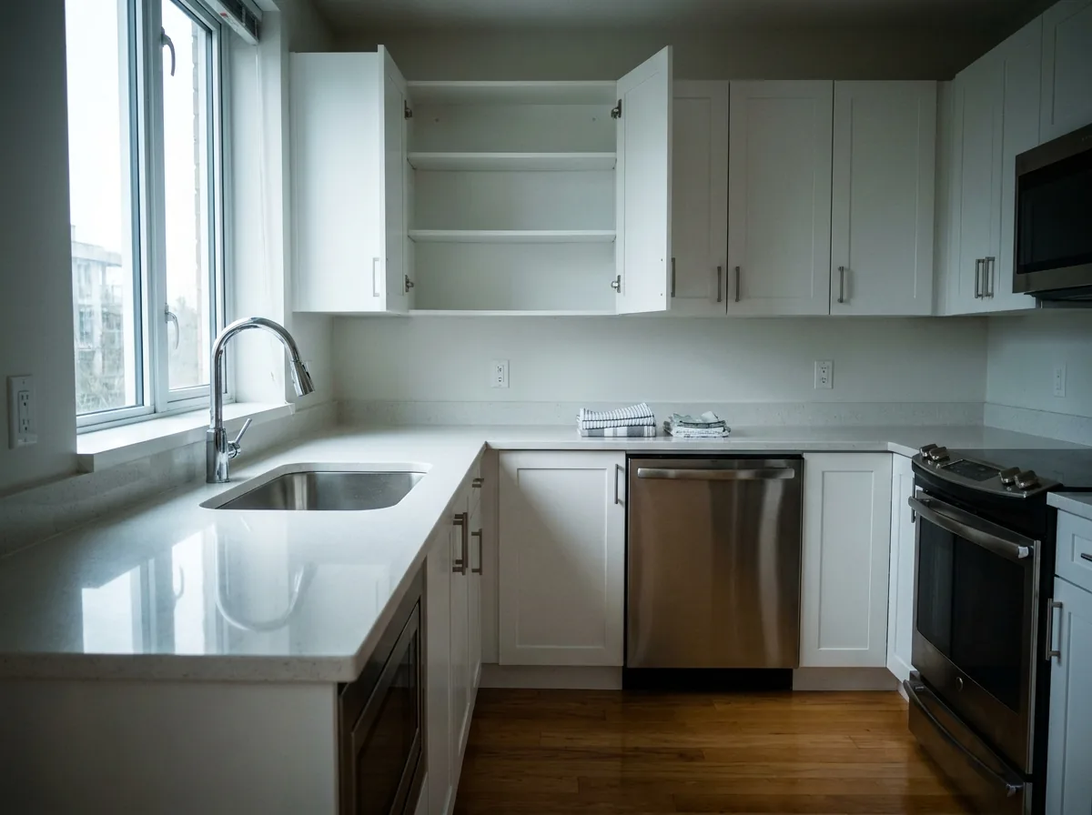 Empty kitchen after a move-out clean, with clear counters and a cabinet open showing the spotless shelf inside