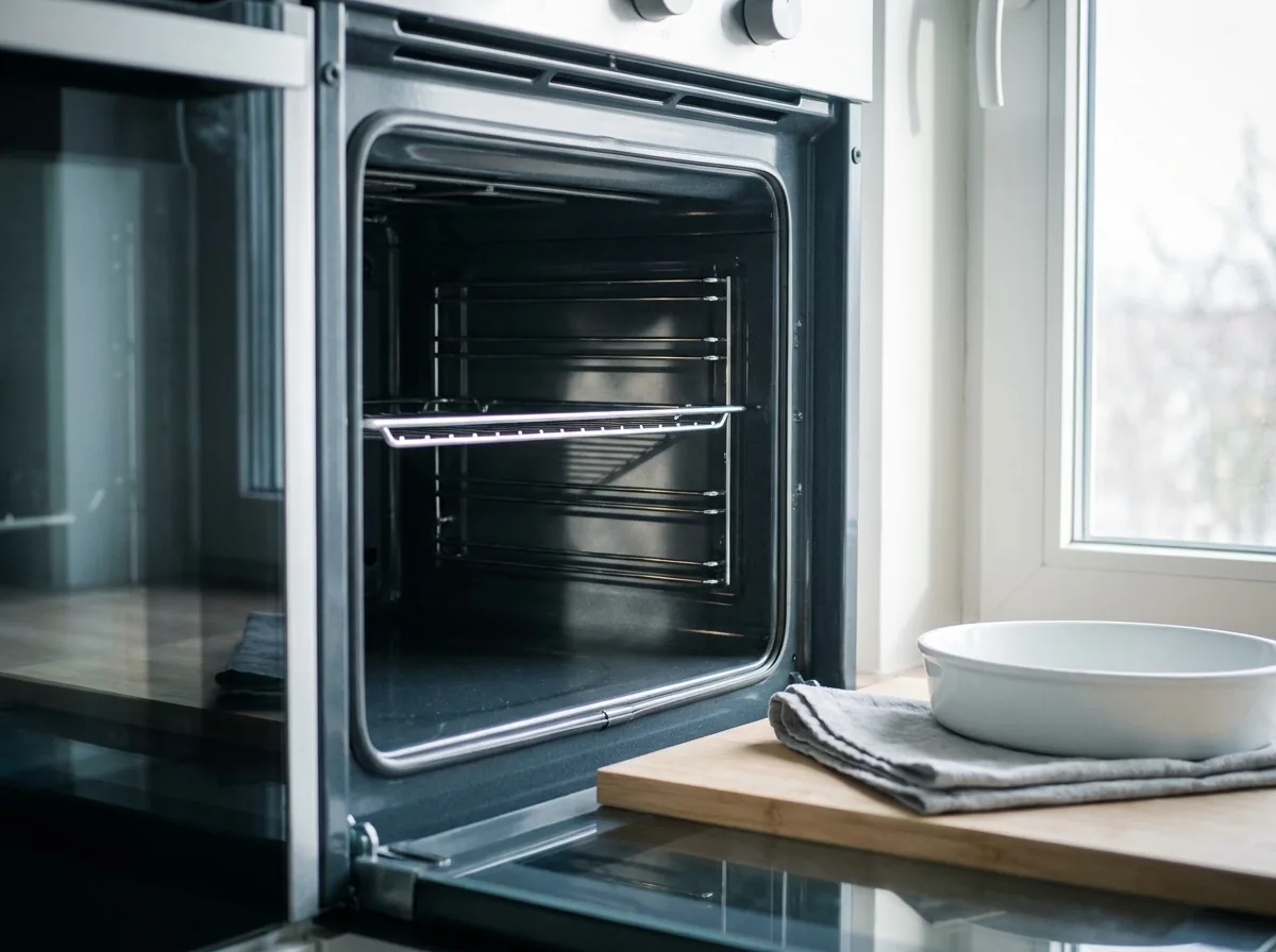 Inside of an oven after a move-out clean, with clean enamel walls, bright racks and no burnt residue