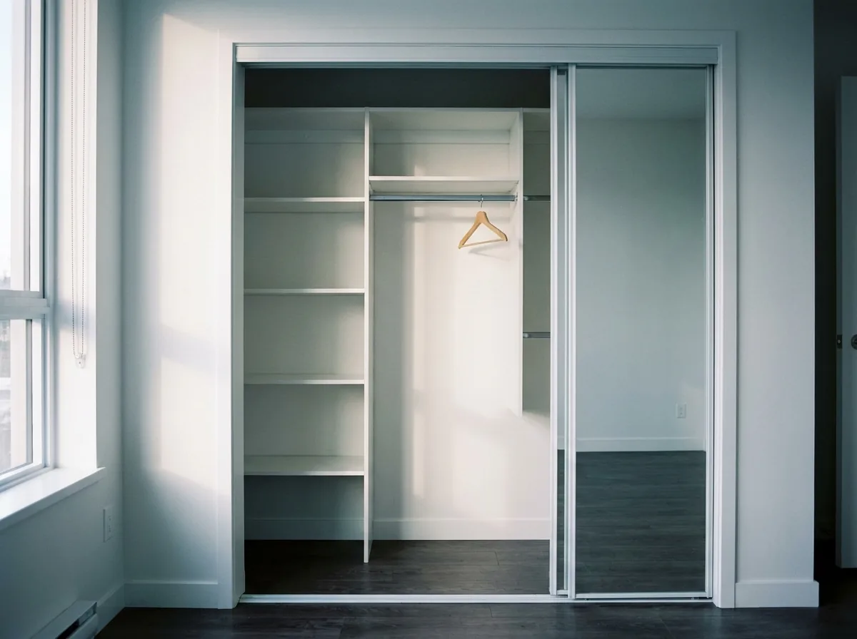 Empty built-in wardrobe after a move-out clean, with bare wiped shelves and a clean hanging rail