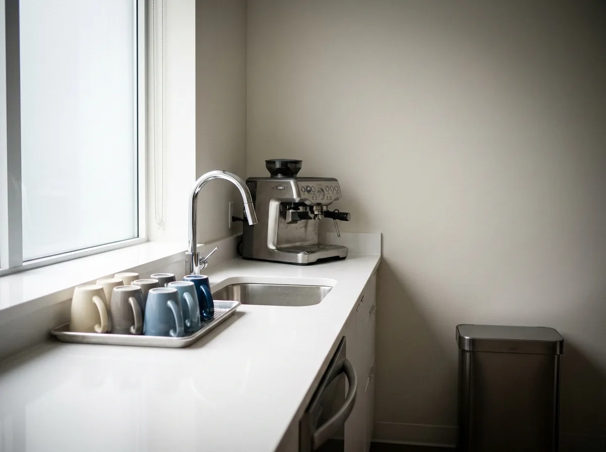 Office kitchenette cleaned after hours, with a clear counter and bright sink