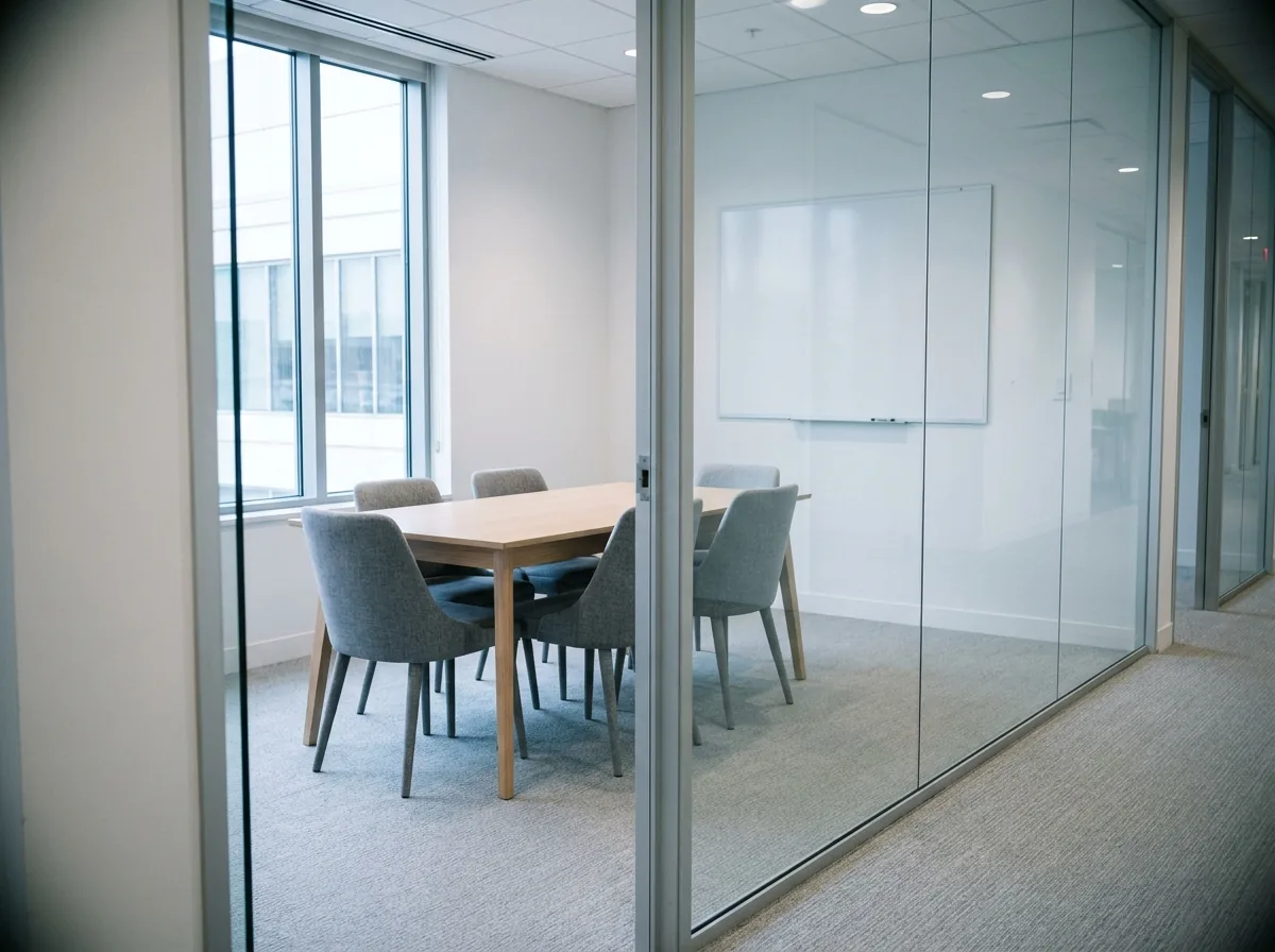 Meeting room in a Vancouver office after cleaning, with a clear table and spotless glass wall