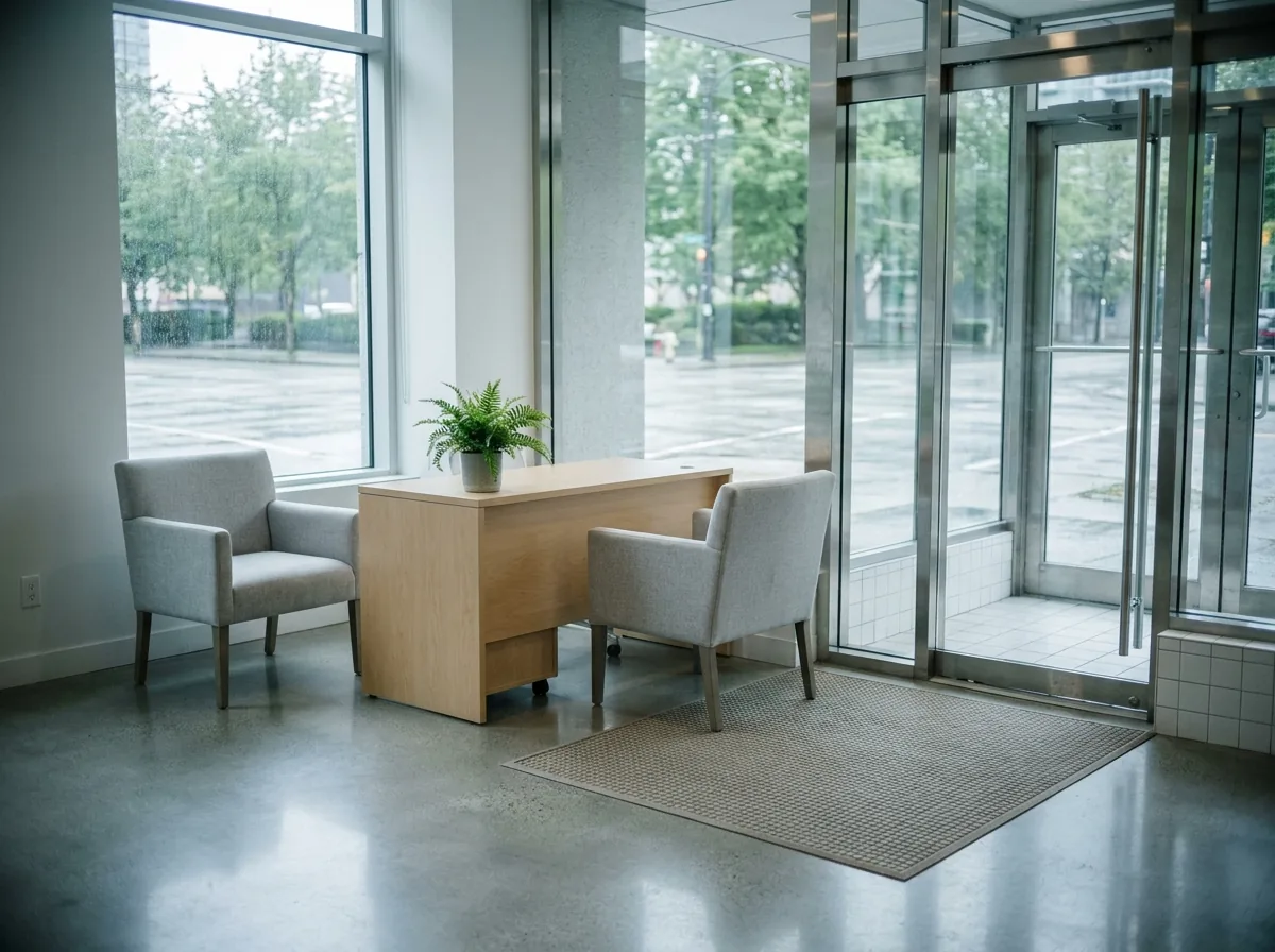 Reception area of a Vancouver office cleaned before opening, with a clear desk and smudge-free glass doors