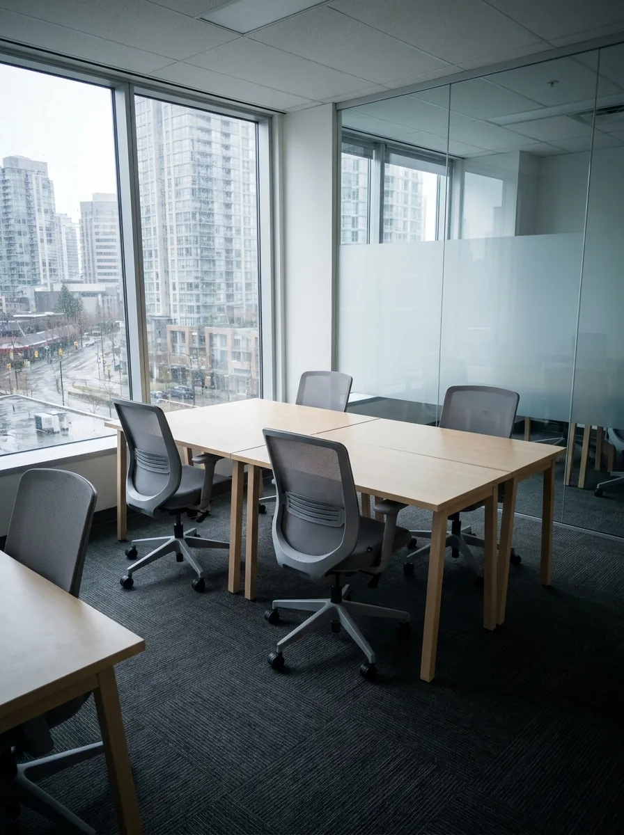 Open-plan Vancouver office cleaned after hours, with downtown towers through the window