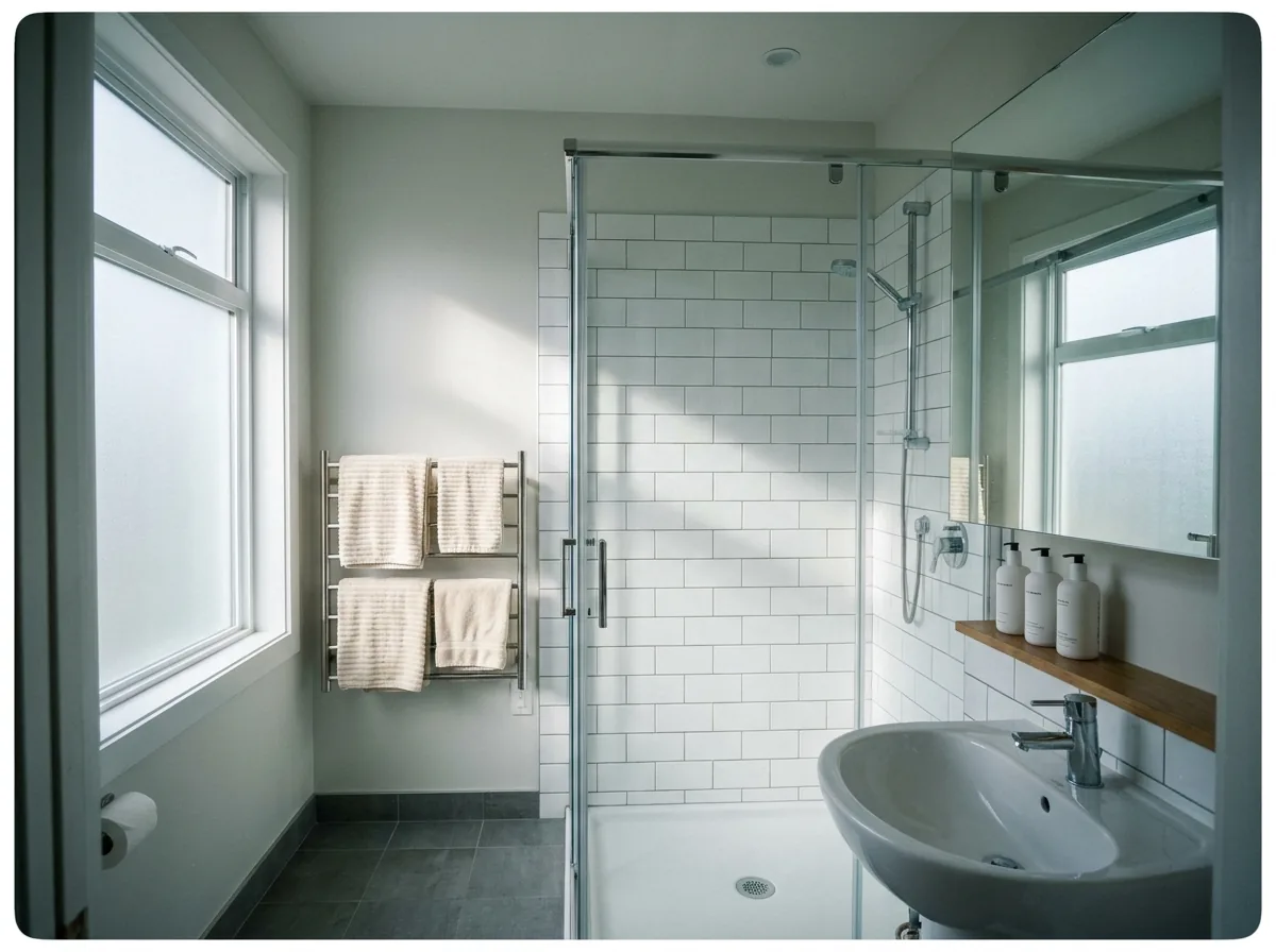 Family bathroom after a routine clean, with folded towels, a clean basin and bright white grout