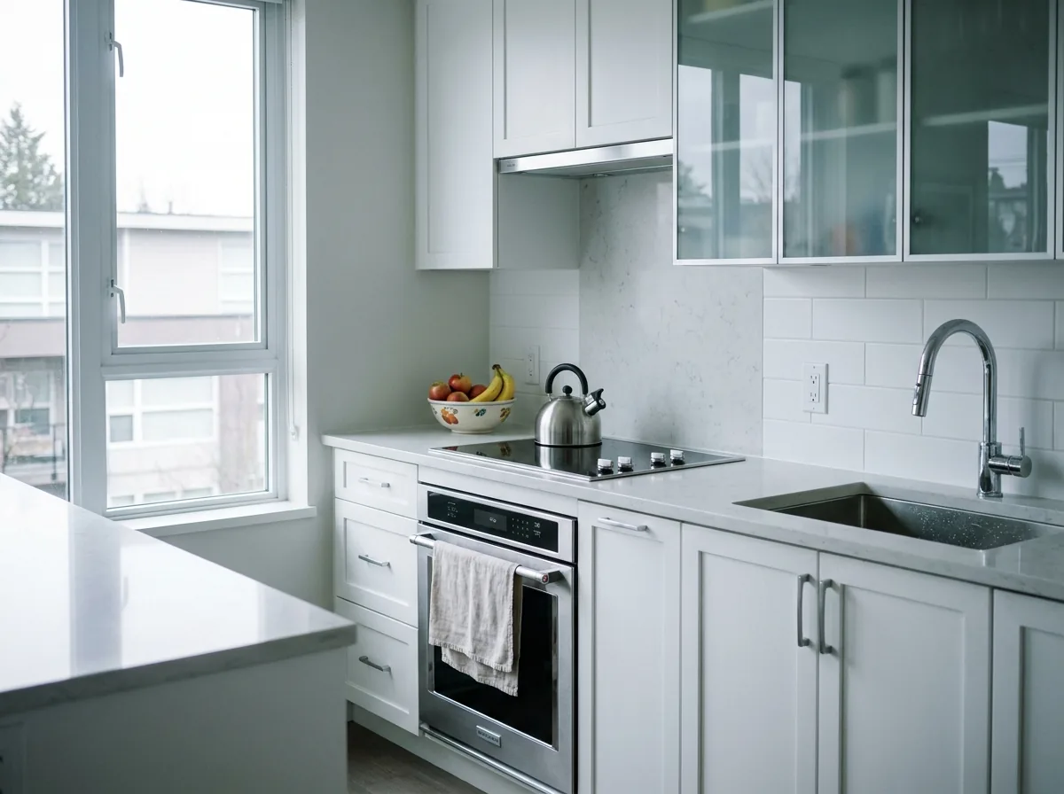 Family kitchen in Vancouver after a routine cleaning visit, with wiped counters and clean appliance fronts
