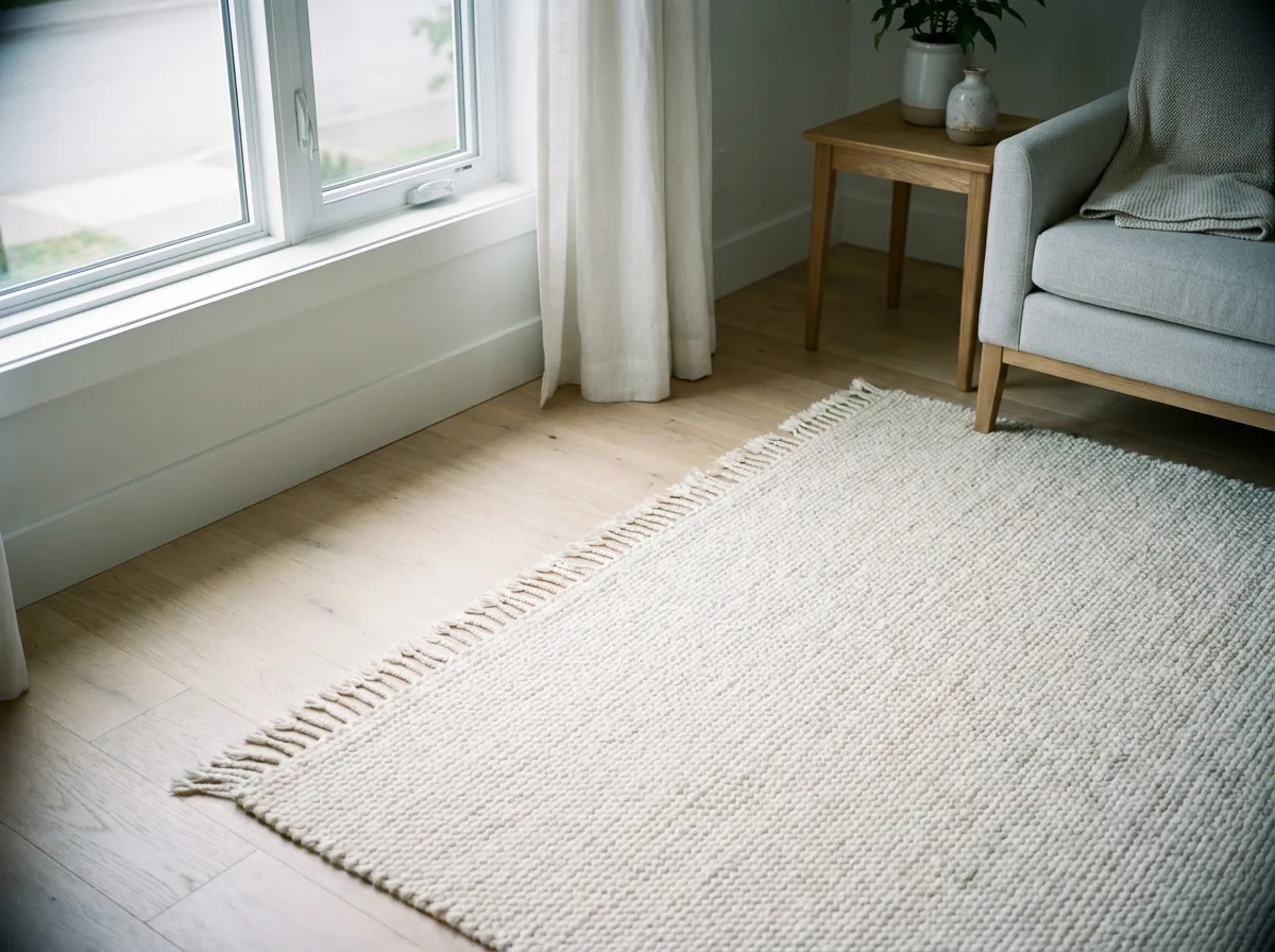 Cream wool area rug on an oak floor after cleaning, with the fringe combed straight by hand