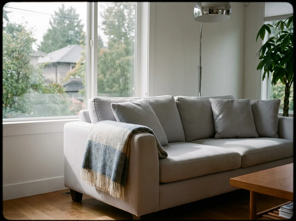 Fabric sofa in a Vancouver home after upholstery cleaning, with even colour and plumped cushions